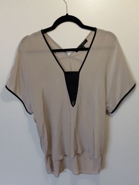 100% Silk  Light Taupe V-Neck Blouse with Black Trim - Women